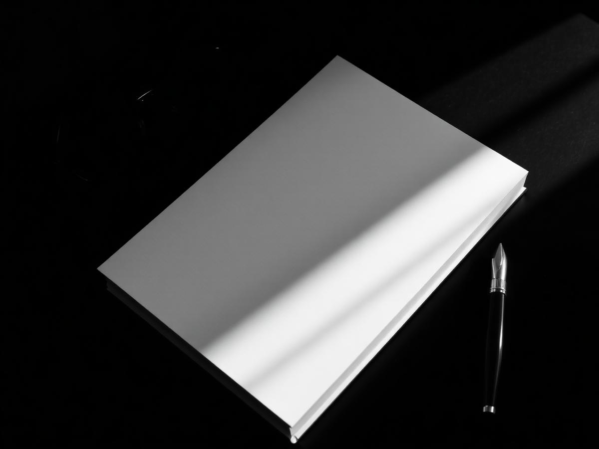 A hardback book on a dark desk beside a fountain pen