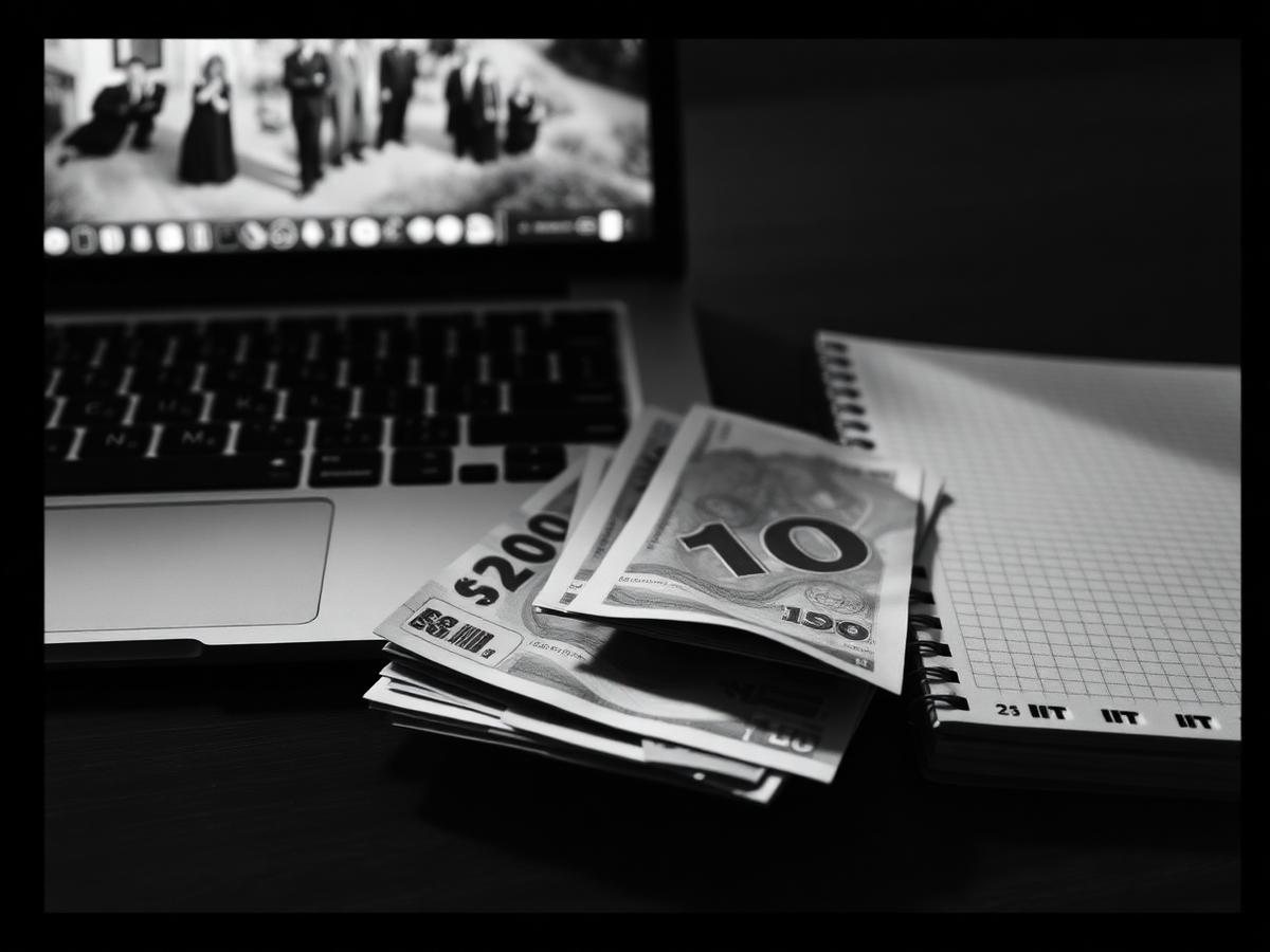 Banknotes beside a laptop and notebook