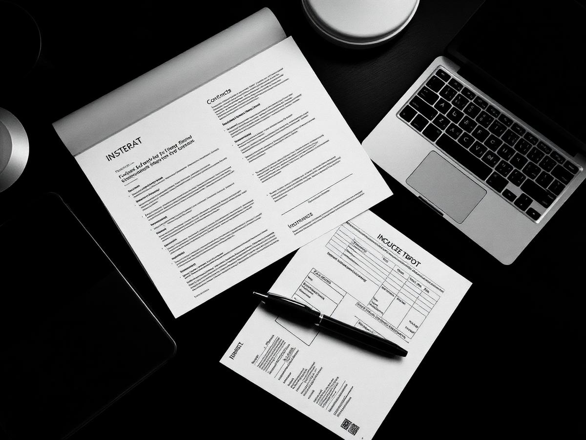 Contracts, an invoice pad and a laptop on a writer's desk