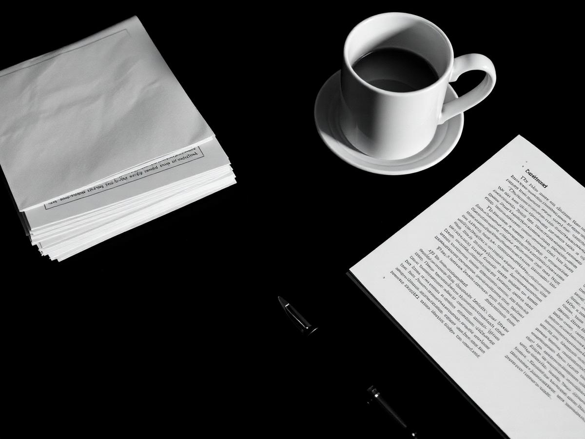 A stack of manuscript pages, a pen and coffee on a dark desk